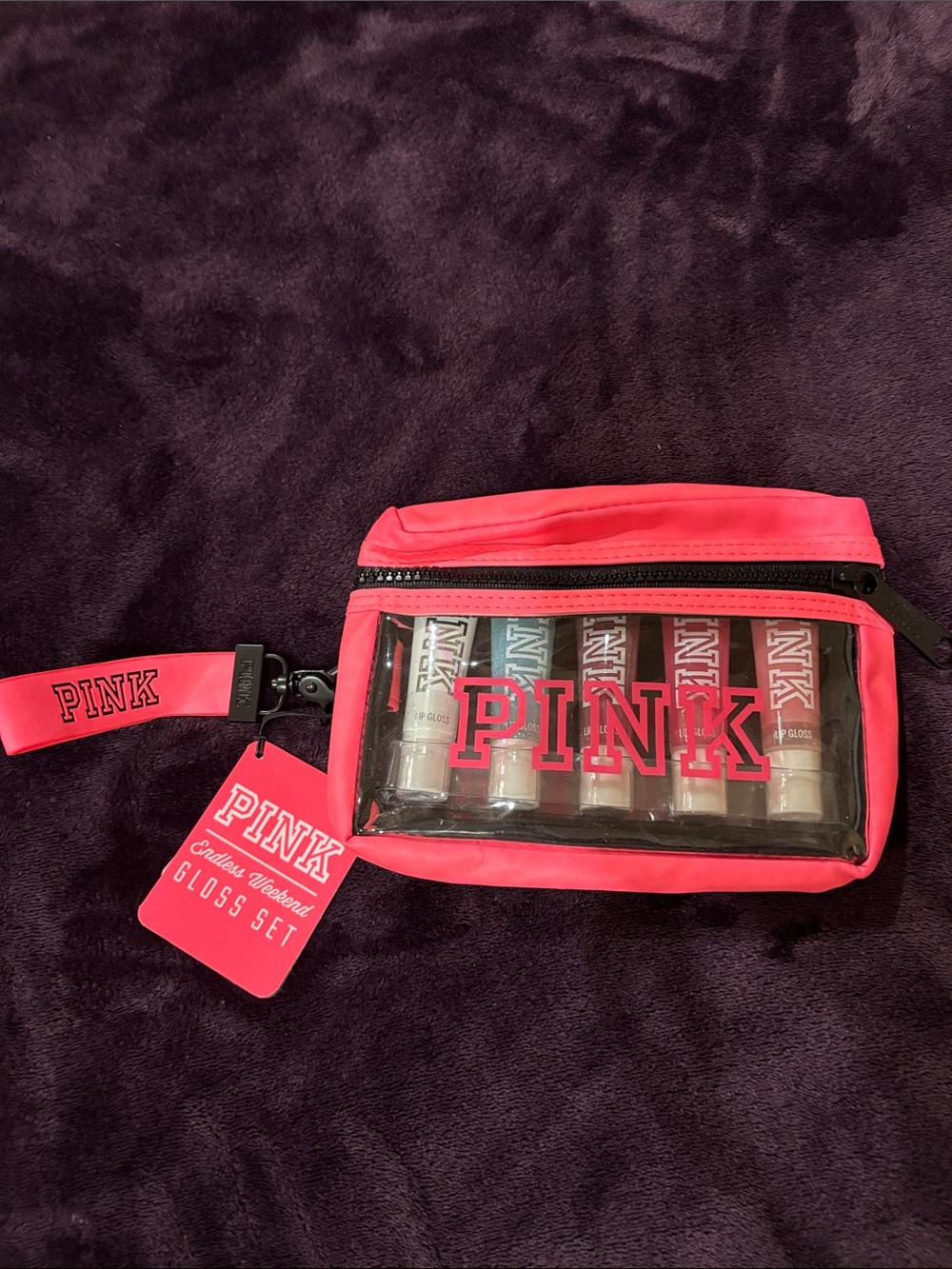 Retired PINK Victoria's Secret Hot Pink Lip Gloss Set with Clear Travel Pouch